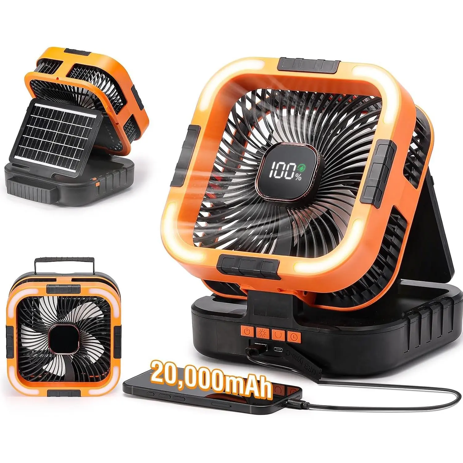 CF3 Solar Camping Fan, 20000mAh Portable Oscillating Fan |  solar panel, LED light, 6 speeds, USB ,   for outdoor tent