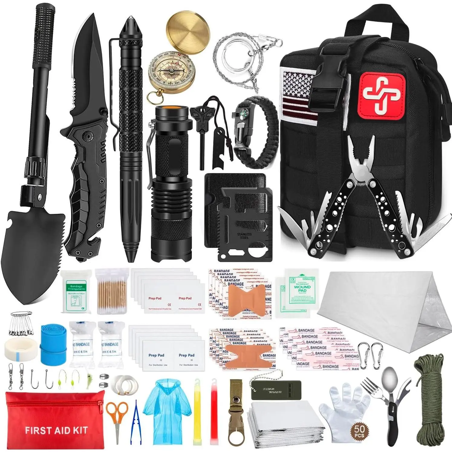 238Pcs Nylon Emergency Survival & First Aid Kit with Tactical Molle Pouch, Emergency Tent – Professional Survival Gear for Earthquake, Camping, Men (Ideal for Christmas, Father’s Day, Valentines Day, Birthdays)