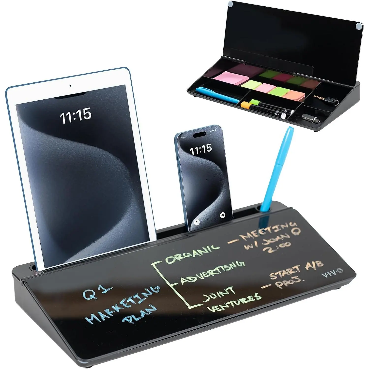 Tempered Glass 16x7 in Dry Erase Board with Storage Slots, Desktop Whiteboard Organizer with Compartments & Device Slot, Black, DESK-WB16B, Erase Clean