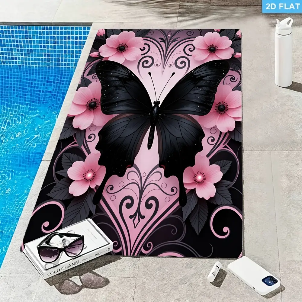 1pc Black Butterfly Beach Towel, Ideal for Beach Vacation, Poolside Relaxation, Surfing, Outdoor Picnic, Travel, Hot Spring Bath, Camping, Pool Party Super Absorbent, Quickdrying, Sandresistant, Soft and Skinfriendly, Portable and Foldable,, Can Be
