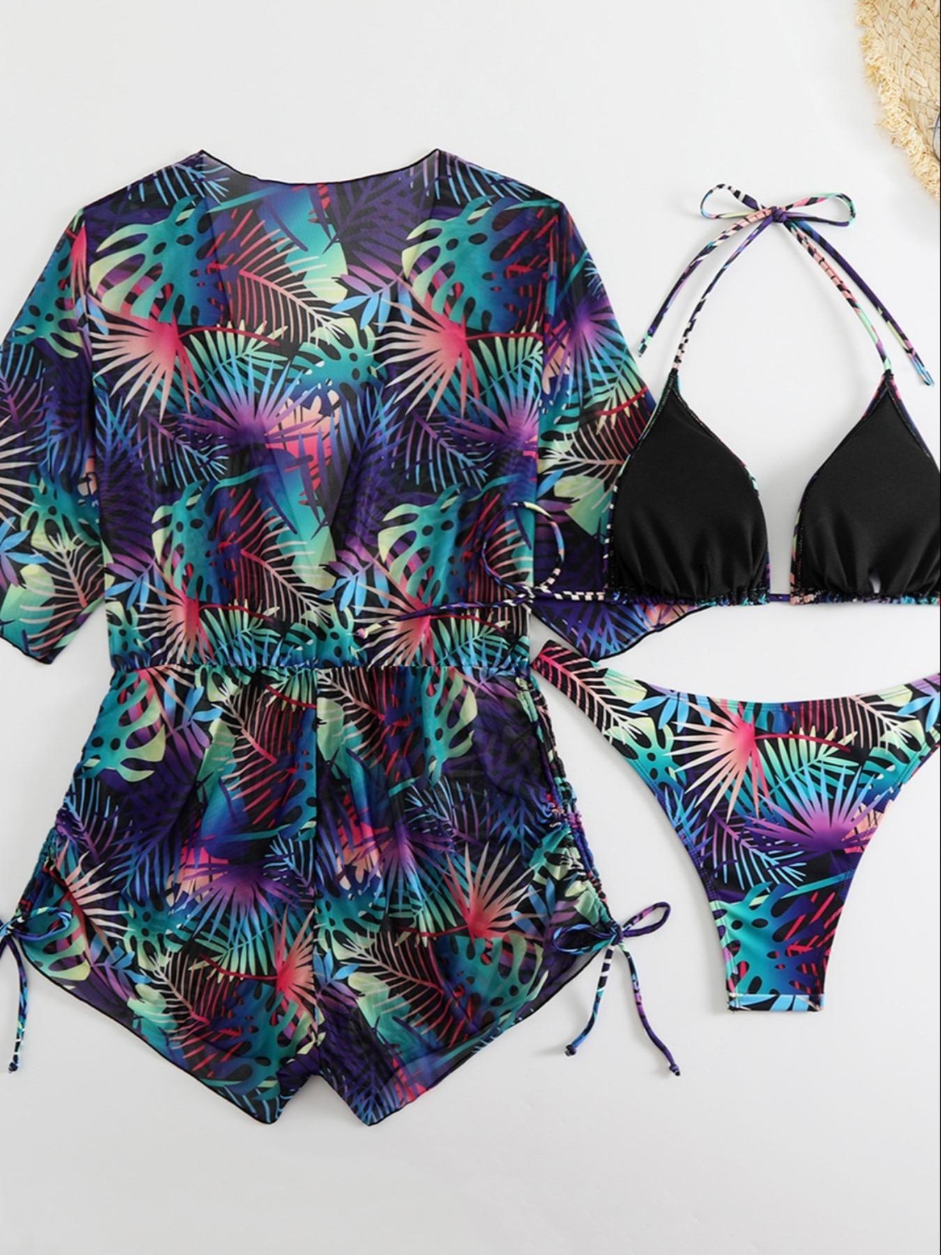 Three-piece Set Women's Plants Print Swimsuit Set, Including Swimsuit Cover Up & Halter Top & Panty, Fashion Chic Ladies Bathing Suit for Beach Holiday Vacation, Leaf Print Bikini