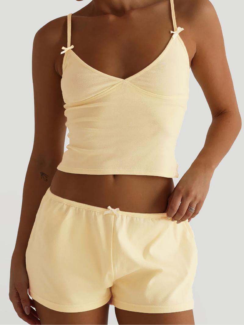 Two-piece Set Women's Solid Crop Cami Top & Shorts, Casual Comfy Camisole & Shorts for Daily Wear, Ladies Two-piece Outfits for Summer, Camisole Sets