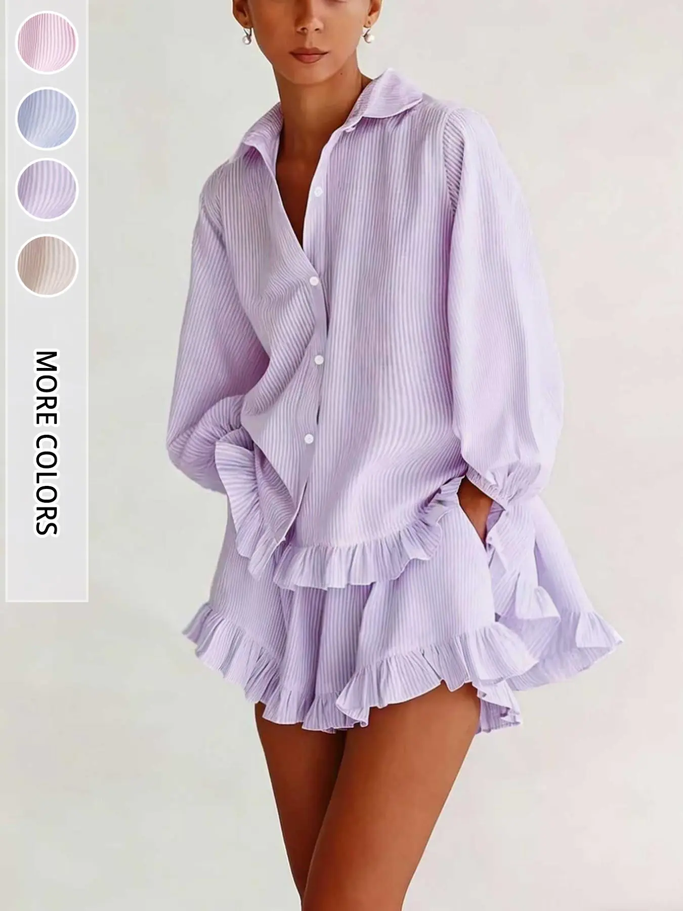 Women's Summer Striped Bubble Sleeve Top + Ruffle Short Pants Set, Casual Loose Fit, Sweet Style, Perfect for Dates, Vacations, Daily Wear