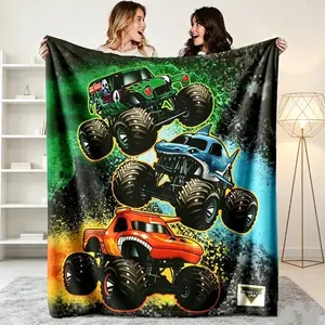 Cozy Monster Truck Flannel Blanket Cool Racing Car Bedding for Boys Bedroom Ultra Soft Polyester Fiber Throw Blanket for Kids Bed Sofa Gamer Sports Room Decor All Season Warm Nap Gift