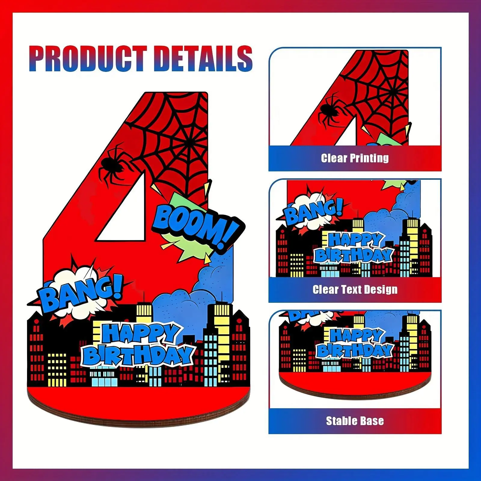 Spider Themed Wooden Number Table Sign｜Freestanding Wood Birthday Centerpiece, Comic City Style Table Ornament Photo Prop for Boys 3/4/5 Years Old Spider Themed Birthday Party