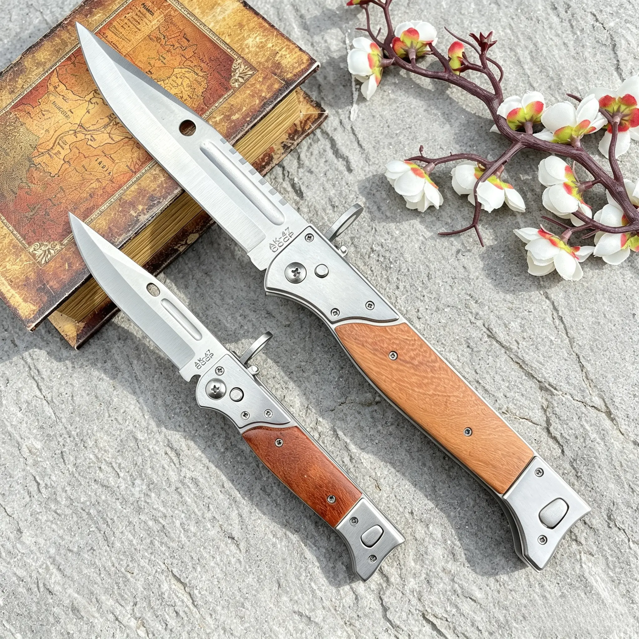 Small/Large Wood-Handled Outdoor Camping Multifunctional Folding Knife 440C Blade Camping EDC Tool Unisex with Sheath