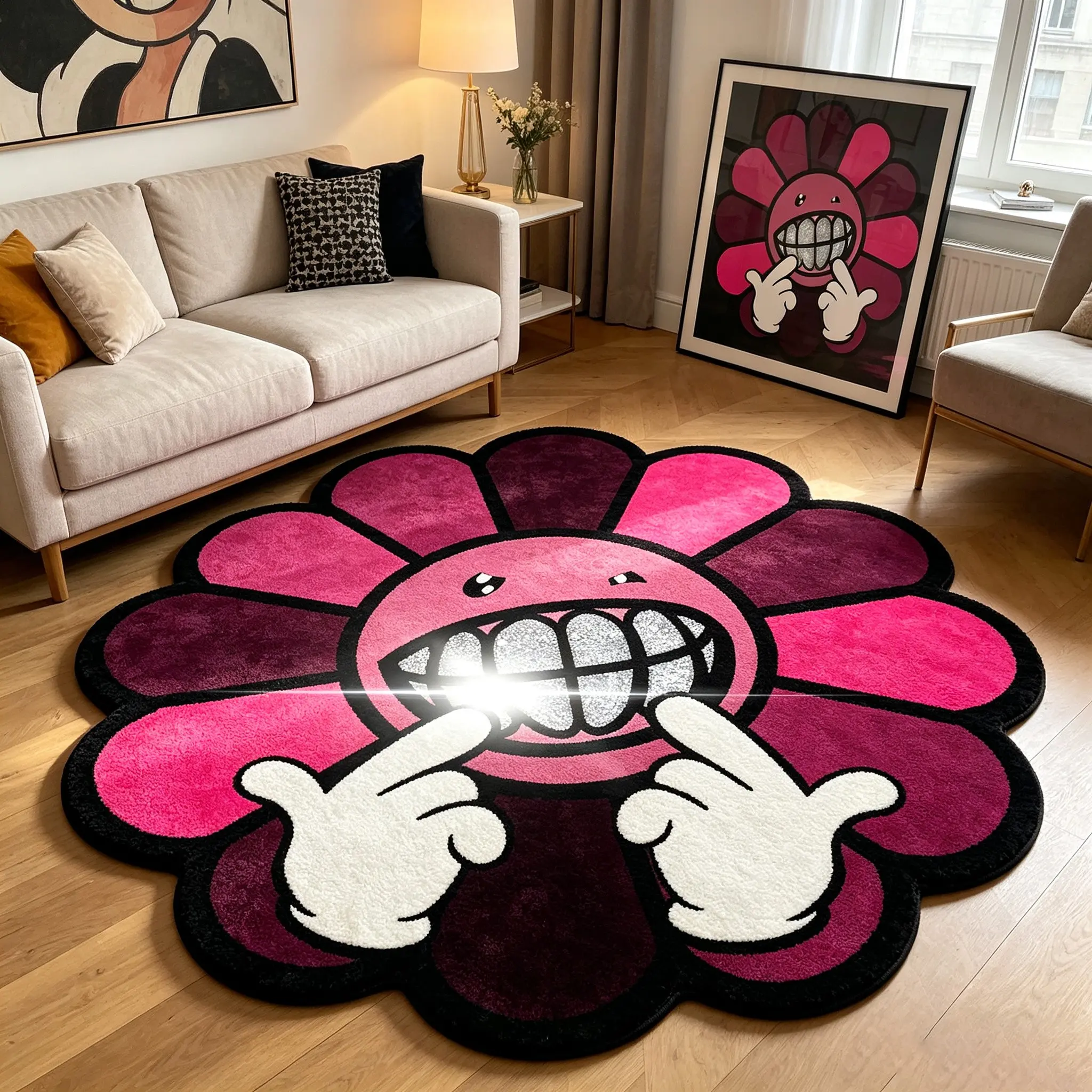 1 Pc Funky Groovy Sunflower Irregular Rug, Pink-Purple Contrast Cartoon Flower Floor Mat, Soft Foot Mat, Hand Wash Only, Do Not Machine Wash, for Living Room, Bedroom, Study, Bathroom, Kitchen, Corridor Home Decor, Floral Washable Rug