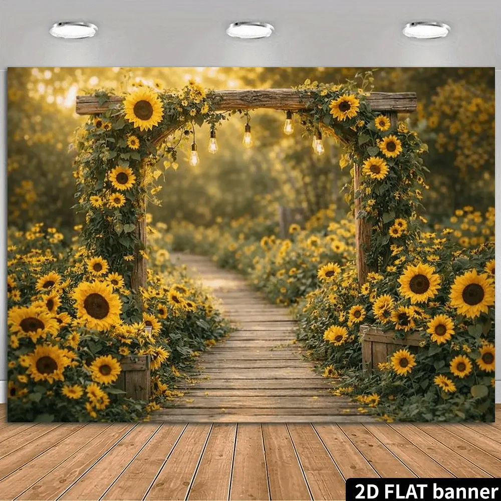 Sunflower Garden Arch Banner, Rural Wooden Flower Rack Background, Polyester Material, Metal Hooks, Home Decor, Photo Backdrop, Party Setup
