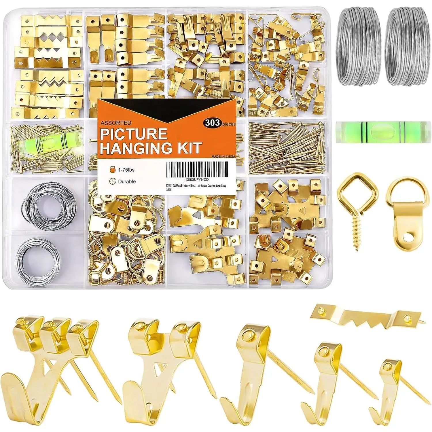303 count Picture  Kit, Picture Hangers  Kit with Heavy Duty Picture  Hooks/Hardware Nails/Sawtooth/Wire/D Rings/Level, Metal Picture Wall Hooks for Frame Canvas Mounting