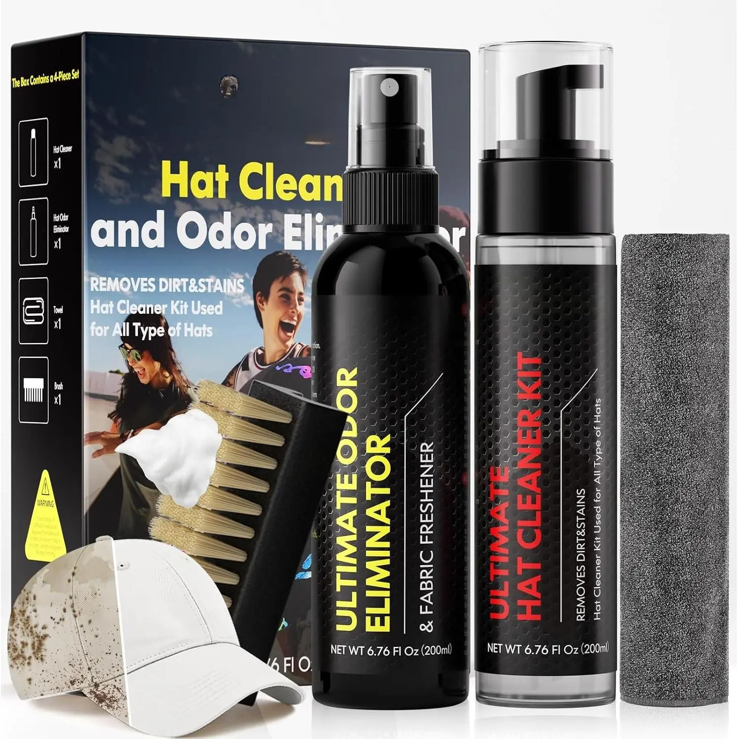 Hat Foaming Cleaner & Deodorizer Kit,Complete for Baseball Caps,Fitted,Snapbacks,Trucker Hats,Quick-Drying  Formula with Soft Brush,Microfiber Towel for ,, Felt,Leather & Fabric Hats