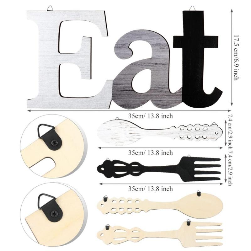 3Pcs Hanging Art Set - Eat Sign, Fork and Spoon Wall Decor for Kitchen and Home Decoration Room Wood