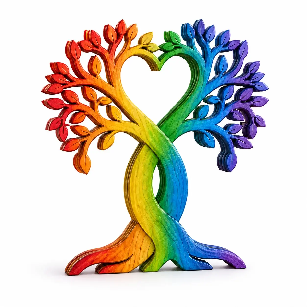 Double Tree Heart Rainbow Ornament, Romantic Anniversary Gift for Couples, Wedding Valentine Desk Decor, Pine Wood Sculpture