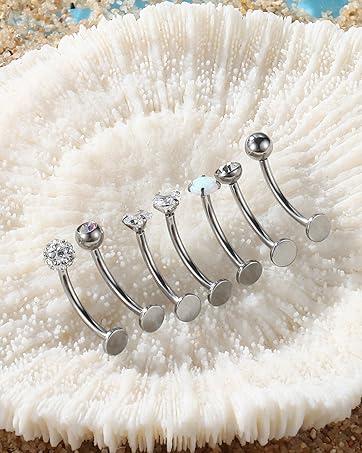 YADOCA 7PCS Floating Belly Button Ring for Women Hypoallergenic Surgical Stainless Steel Belly Rings Internally Threaded CZ Opal Long Bar Navel Barbell Flat Back Belly Piercing 12/14MM Silver Gold