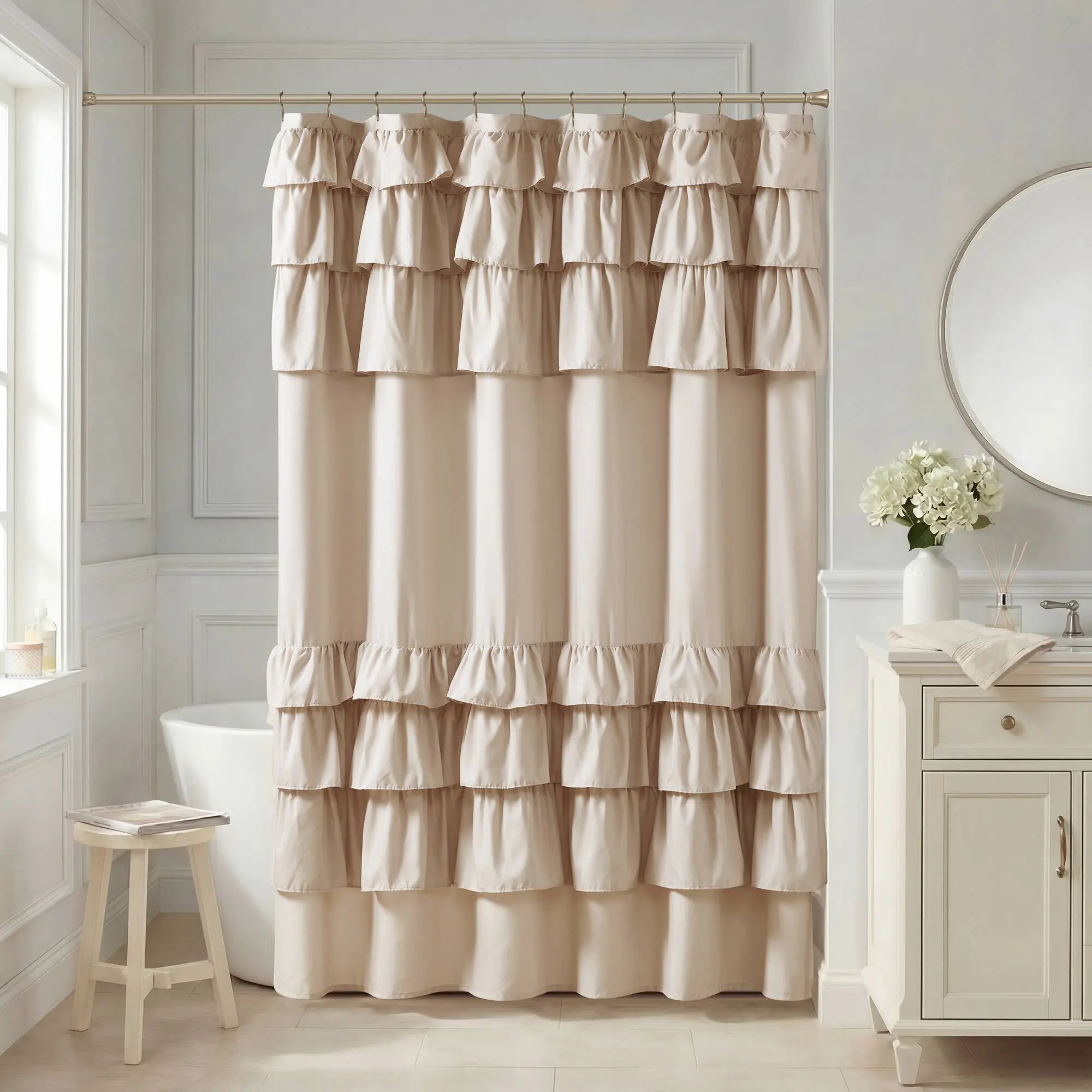 ARCH 72x72 Inch Ruffled Shower Curtain, Decorative Fabric Bath Curtain with Ruffled Trim, Water-Repellent Polyester, Machine Washable, Standard Size for Bathroom Stall or Tub, Hotel Quality, White, Bathroom Shower Door for Bathtub, Shower Room