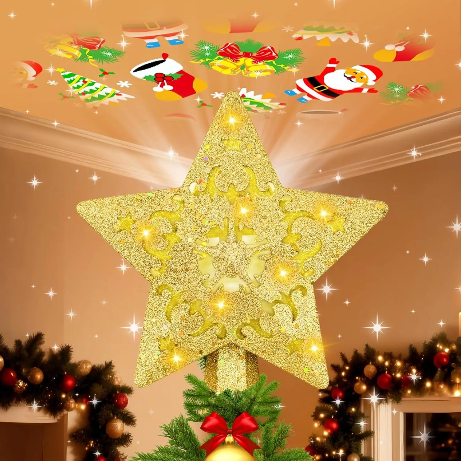 Christmas Tree Topper with Built-in 360° LED Rotating Projector, 3D Hollow Sparkling Gold Star, 3m Plug in Xmas Tree Top Decor for Indoor Office Party Holiday Home Ornament