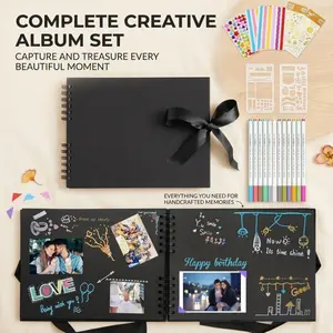Complete Scrapbook Album Set with Markers & Decor Stickers, Ribbon-Bound Black Page Memory Book for DIY Photo Journal & Handmade Keepsake