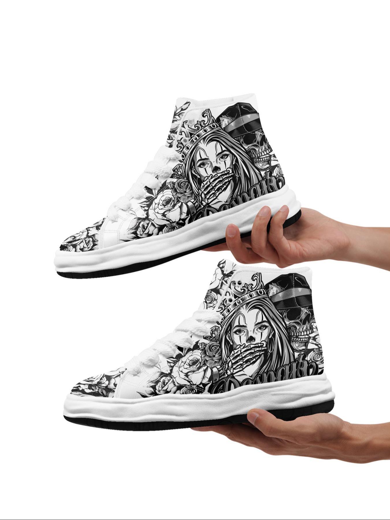 Men's Fashionable Cartoon Print High Top Sneakers, Casual Comfortable Breathable Lace Up Skate Shoes, Male All-match Round Toe Shoes for Daily Wear