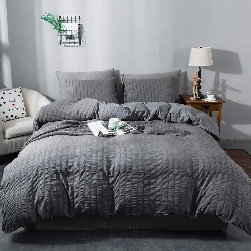 AveLom Gray Duvet Cover Queen Size, Textured Seersucker Duvet Cover Set, Soft Washed Microfiber with Zipper Closure and Corner Ties, 3 Pieces, 90" x 90" Duvet Cover & 2 Pillowcases