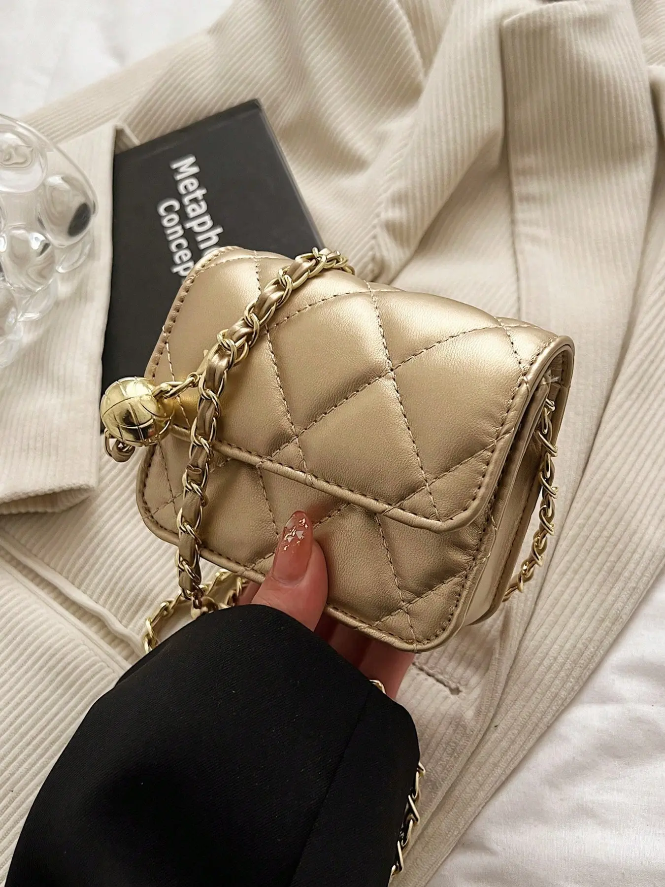 Luxury Metallic Gold Evening Party Purse for Women,  Mini Quilted Flap Shoulder Crossbody Bag with Adjustable Gold Bead Chain for Date Night & Evening Outfits, Easy to Carry