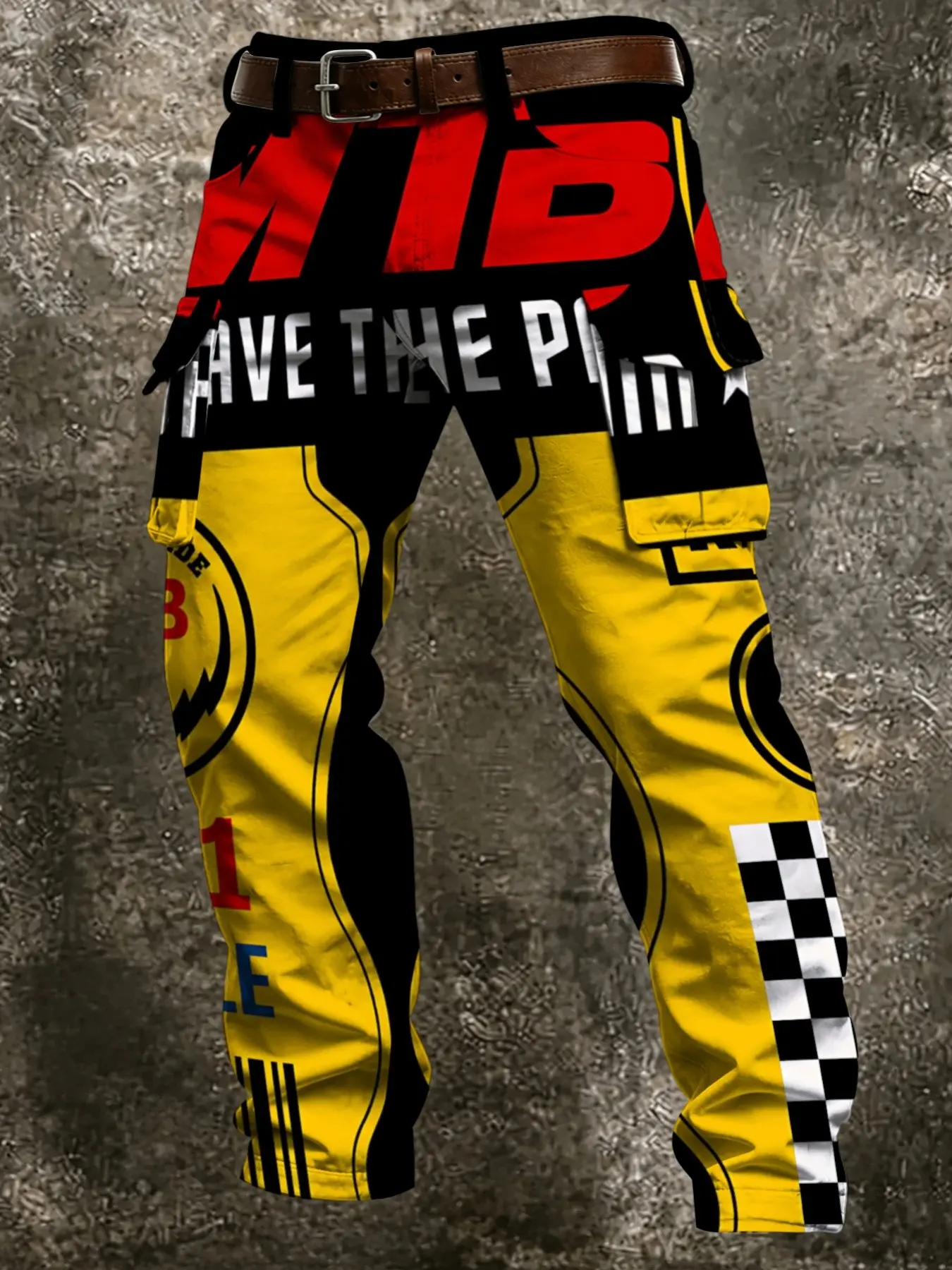 Colorblock Racing Checkered Number Letter Full Print Cargo Pants, Motorcycle Speed Street Multi-Pocket Long Pants