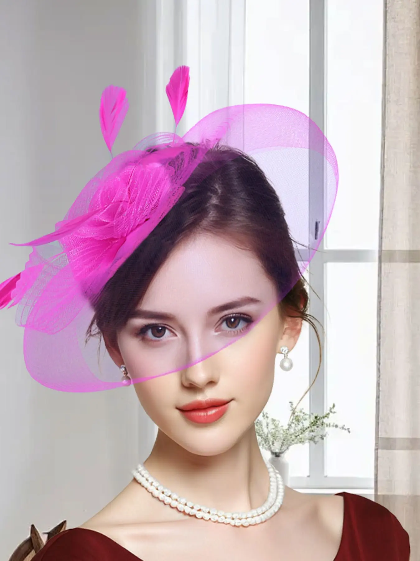 Elliptical Mesh Three Rose Feather Two-In-One Headpiece, Elegant Floral Design, Versatile Accessory for Special Occasions