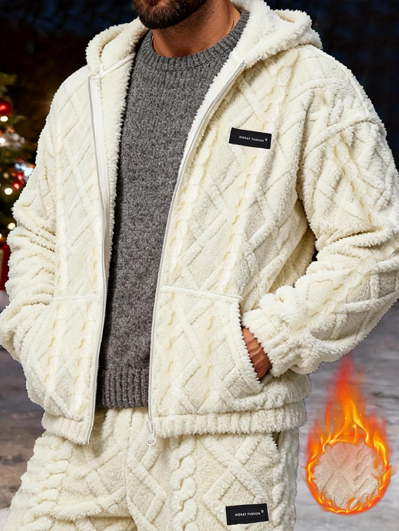 Men's hooded thick lambskin warm jacket Large loose casual fleece hooded cardigan American style trendy diamond grid embossed thick coral fleece jacket