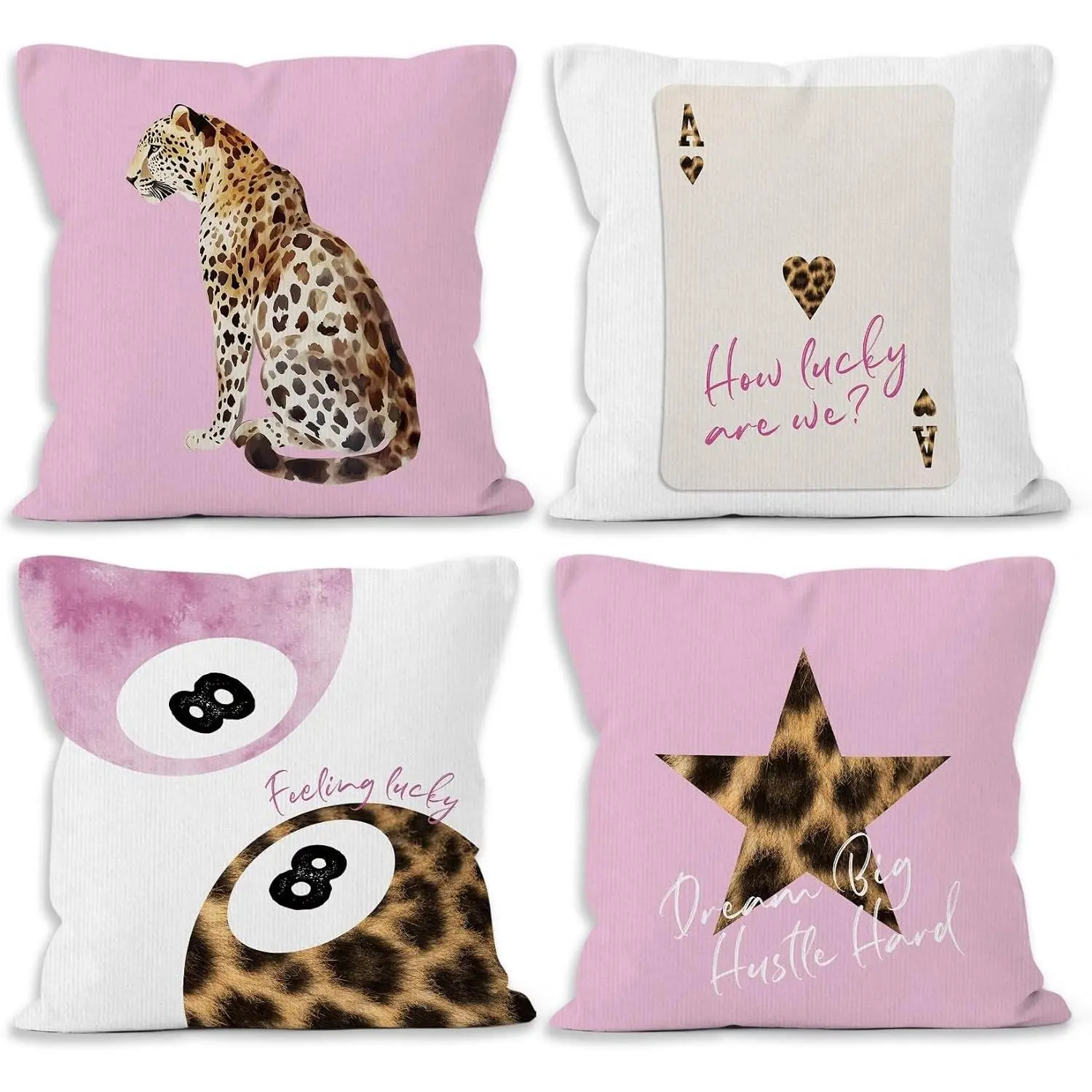 Pink Cheetah Throw Pillow Covers 18x18 Set of 4, Trendy Leopard & Lucky 8 Balls Decor Pillowcases for Teen Girls Dorm Bedroom, Preppy Retro Cheetah Print for Couch Bed SofaGift