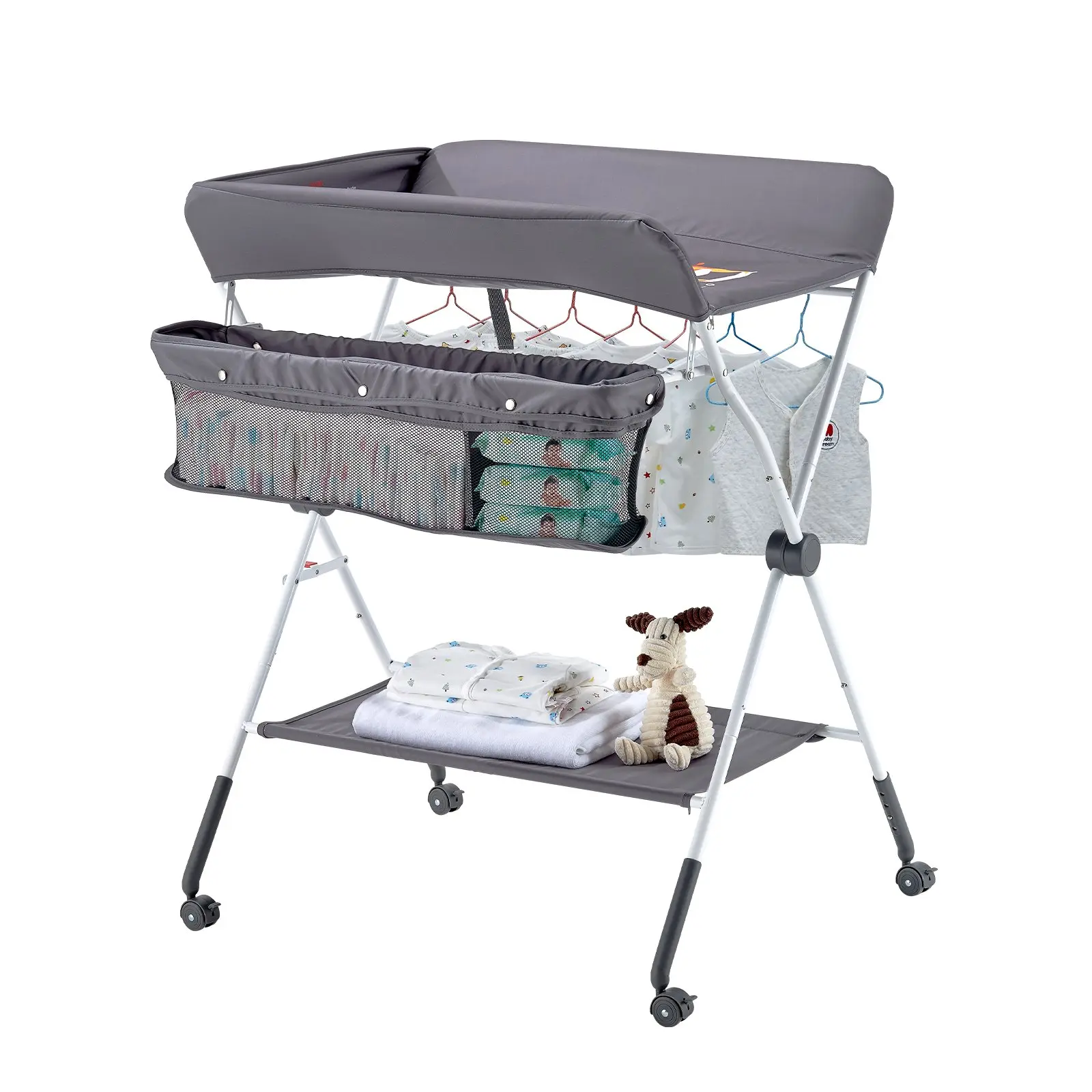 【Summerfinds】VEVOR Baby Changing Table, Foldable Diaper Change Station with Side Basket, Adjustable Height Portable Changing Table with Lockable Wheels, Multi-Functional Storage Organizer Nursery, Dark Gray
