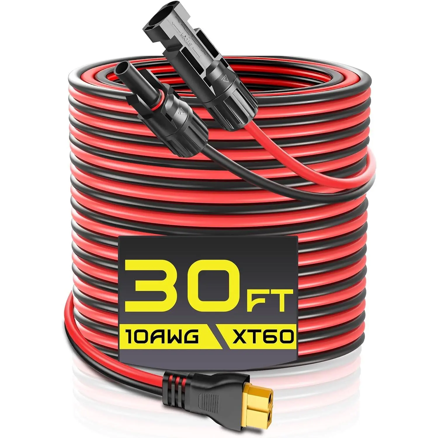 30ft Length Water Resistant 10AWG XT60 Charging Cable, Panel Connector to XT60 Extension Adapter with Caps & Wire Ties for LiFePO4 Battery, Indoor/Outdoor RV Station Generator