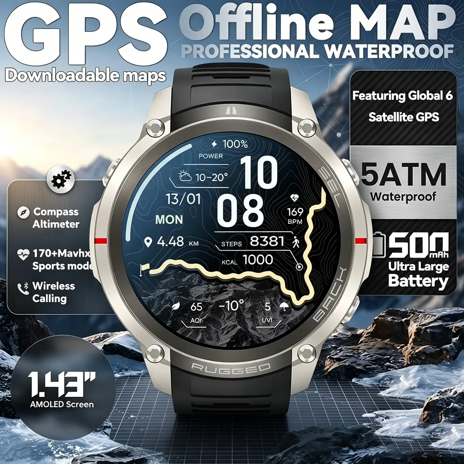 Amoled Smart Watch with Global 6-Satellite GPS, Men's Outdoor Sports Watch, Offline Map, Altimeter, Compass, Bluetooth-compatible Call
