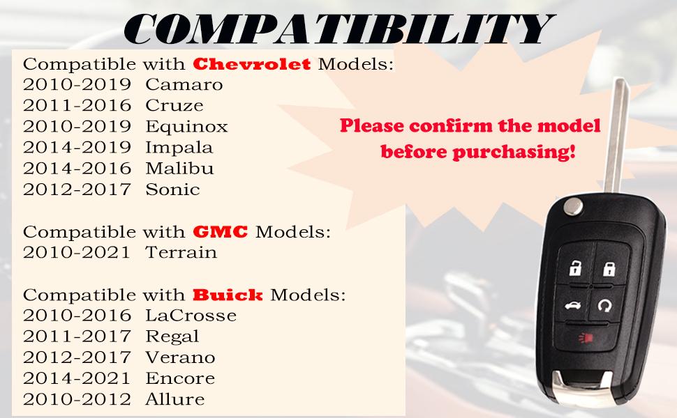 Key Fob Replacement Fits for Chevy Cruze Equinox Camaro Impala Malibu Sonic Buick Regal Verano Encore Lacrosse GMC Terrain 2010-2021 OHT01060512 Keyless Entry Remote Control 13504199