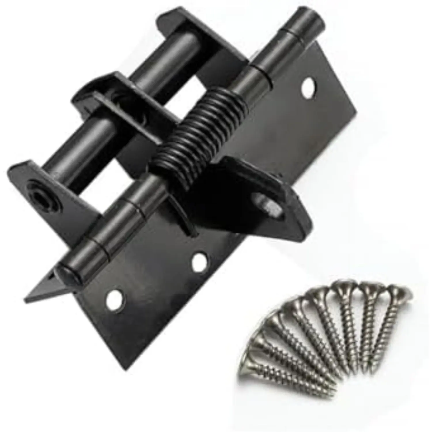 Automatic Door‑Closing Spring Hinge, Adjustable 90‑Degree Right‑Angle Positioning Hardware｜Includes 8 Mounting Screws, Easy to Install & Adjust, 1Pack. Suitable for wooden doors, cabinets, garden gates, sheds, wardrobes, furniture renovation