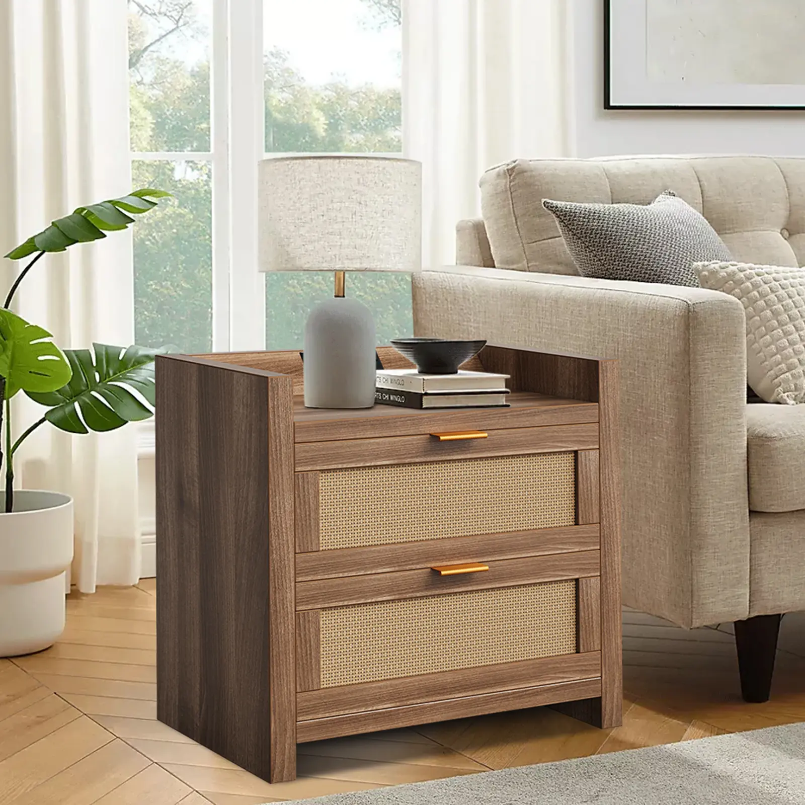 Boho Rattan Nightstand Set of 2 with Charging Station 2 Drawer Bedside Table for Bedroom and Living Room Modern End Tables Home Furniture