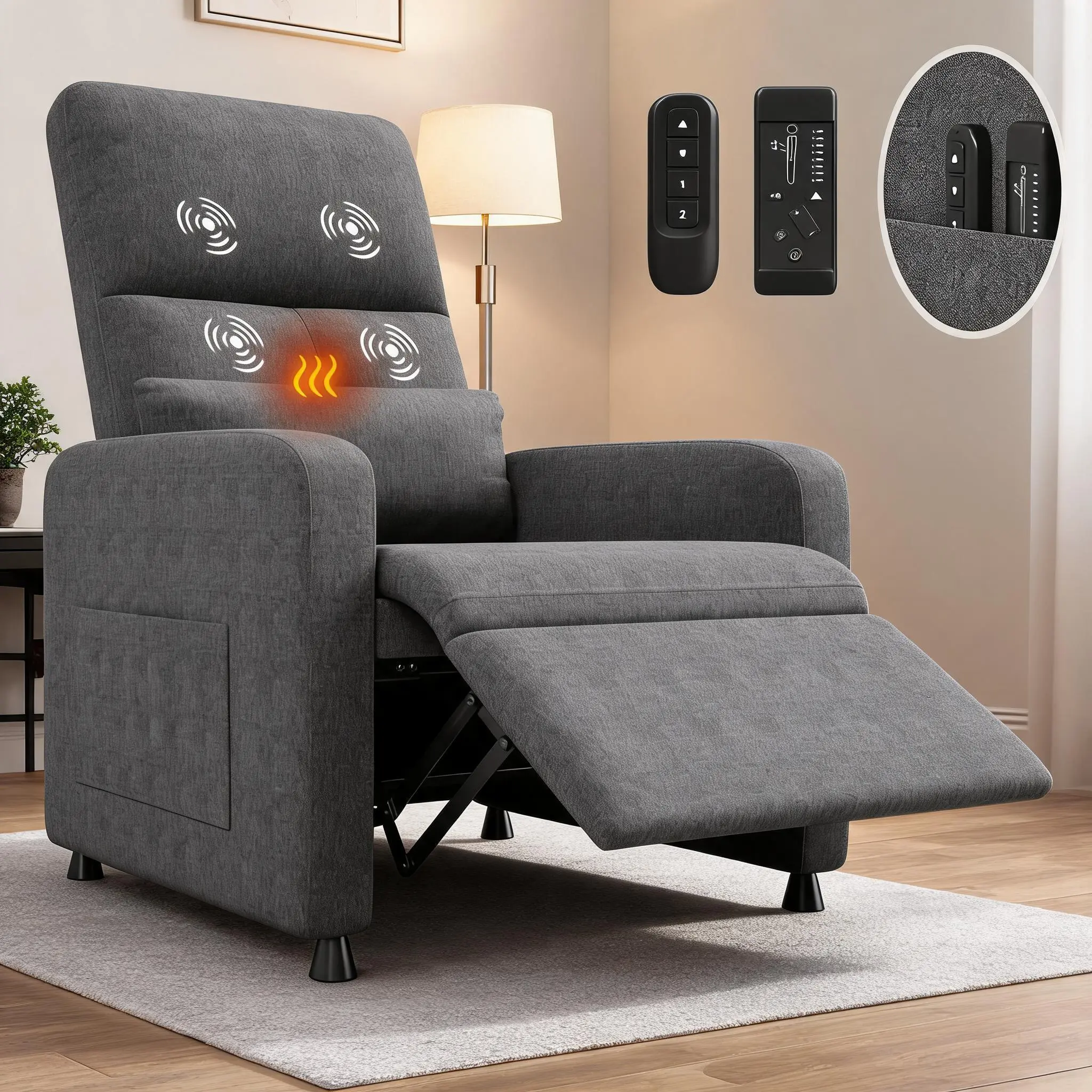 Adult Electric Recliner Armchair with Heat & Massage – Linen Grey, 105-150° Recline, Footrest, 2 Pockets, Quiet Manual Recliner for Living Room & Home Theater