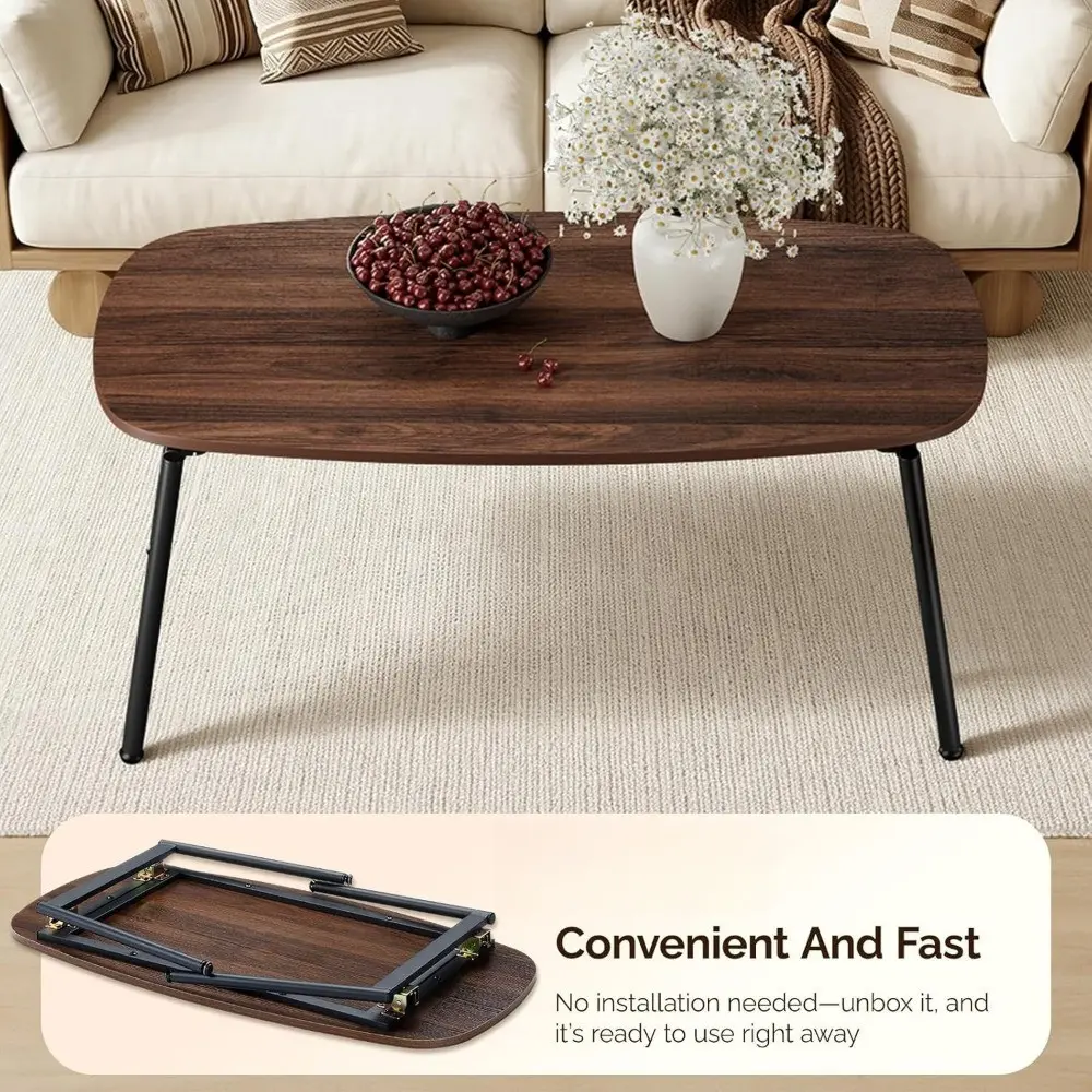 31.5"/39.4" Folding Coffee Table Space-Saving Portable Center Table for Living Room Apartment Dorm Office Balcony, Foldable Small Coffee Table (Walnut/Black) No-Assembly Bedside Table