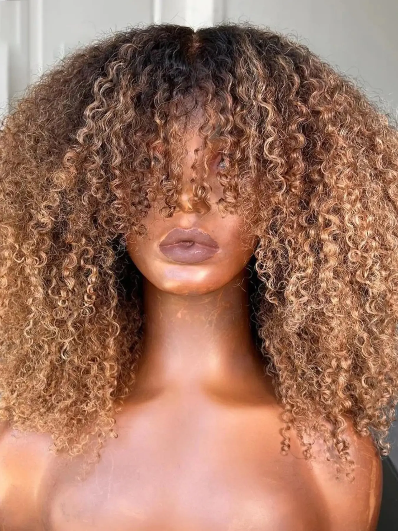 Gradient Honey Gold Blonde Soft Long 26 Inch 180 Density Wig with Bangs, Kinky Curly Front Lace, Glueless, Heat Resistant, Preplucked Daily Wear