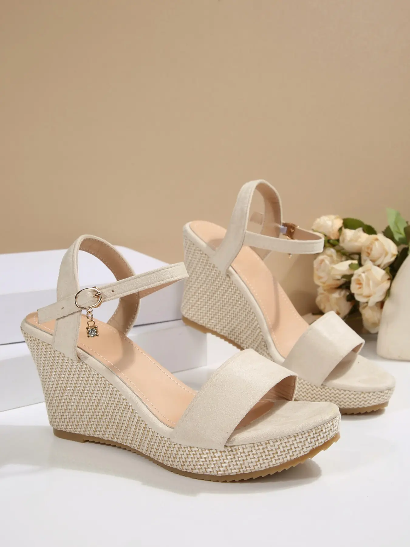 Open Toe Ankle Strap Wedge Heels, Ladies Espadrille Platform Wedge Sandals For Vacation, Party And Daily Casual Outfit