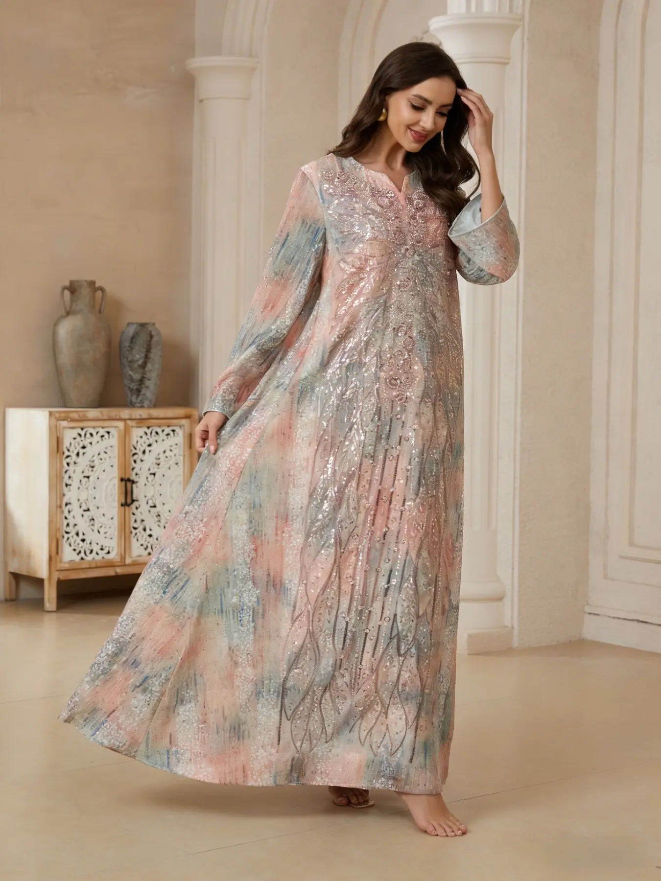 Cross-Border Embroidered Sequined Long Sleeves Long Formal Dress, Elegant Quality Maxi Dress, Noble Style Export Long Women's Dress, All-Season Fitted Ethnic Pattern