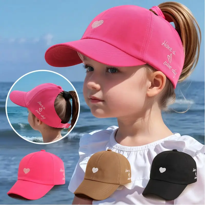 Adjustable Baseball Cap Children - Ages 3-7, Heart Embroidery, Ponytail Hole, Spring/Summer Style, Embroidered Snapback Cap, Suitable Daily Outings, Beach Vacations, Adjustable Baseball Cap