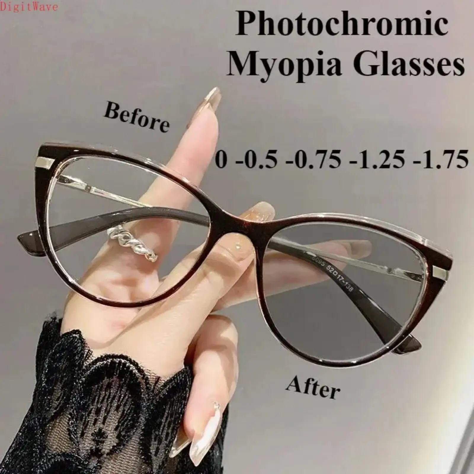 Unisex Cat Eye Myopia Eyeglasses - 0/-0.5/-0.75 Diopter, Photosensitive, Anti-Blue Light, Flat Metal Frame for Myopia Correction (Sports Eyewear)
