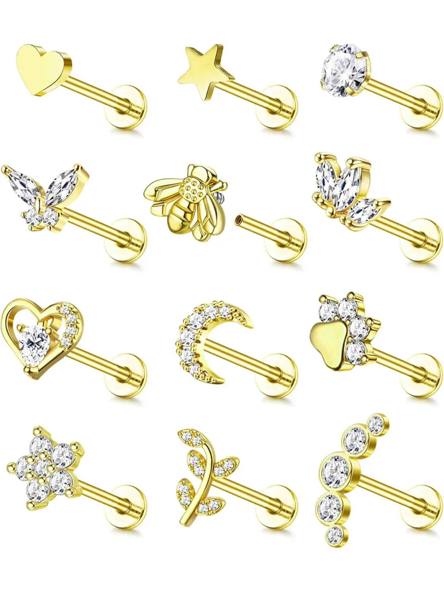 12Pcs 16G Stainless Steel Flat Back Tragus Stud Earring Set for Women, Top Screw CZ Butterfly Bee Flower Moon Heart Cartilage Piercing Jewelry for Labret Conch Helix