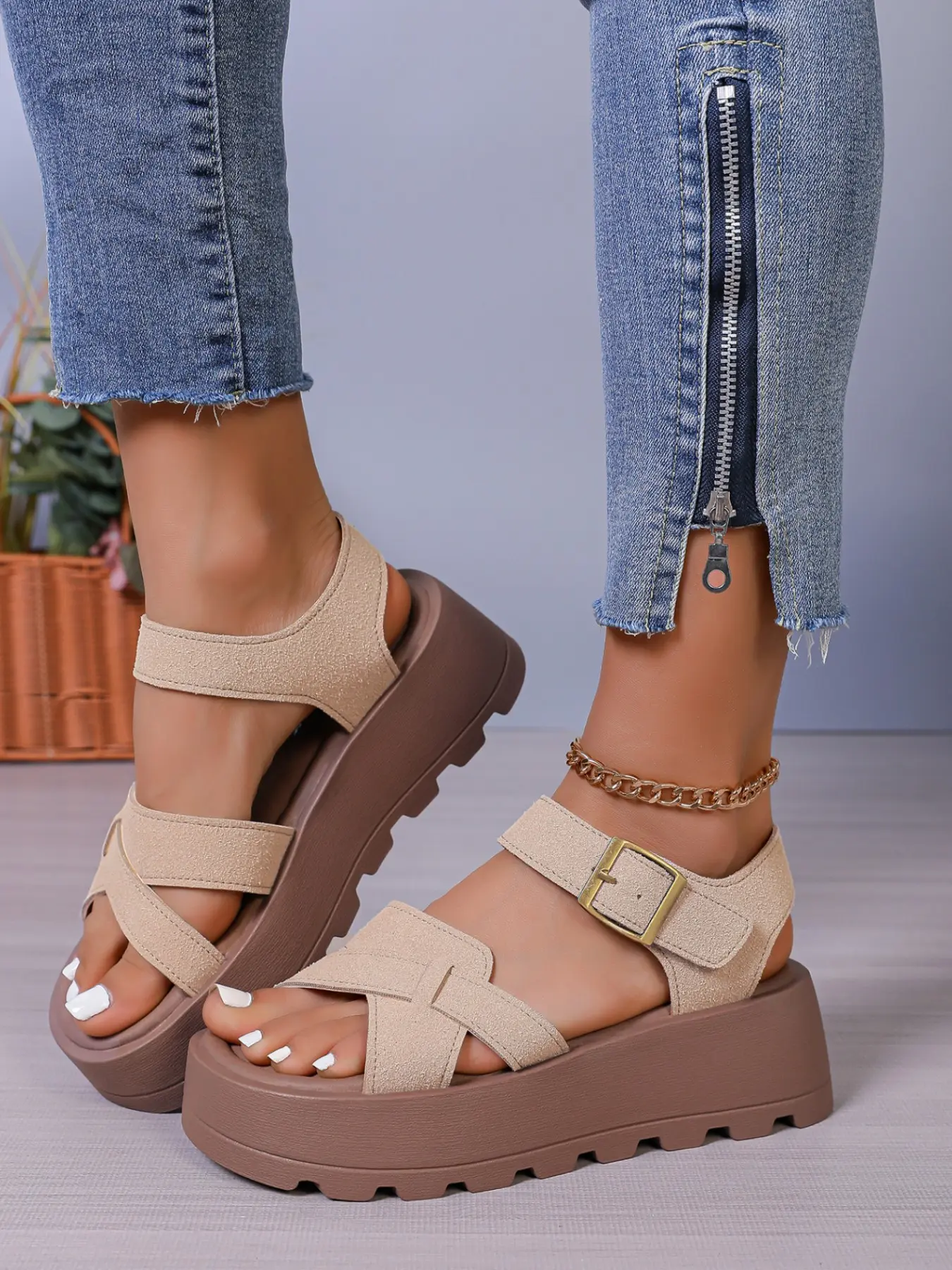Women's Crisscross Strap Slingback Platform Sandals Adjustable Metal Buckle Lug Chunky Sole Open Toe Retro Casual Summer Footwear 2 Colors Light Khaki Coffee Brown