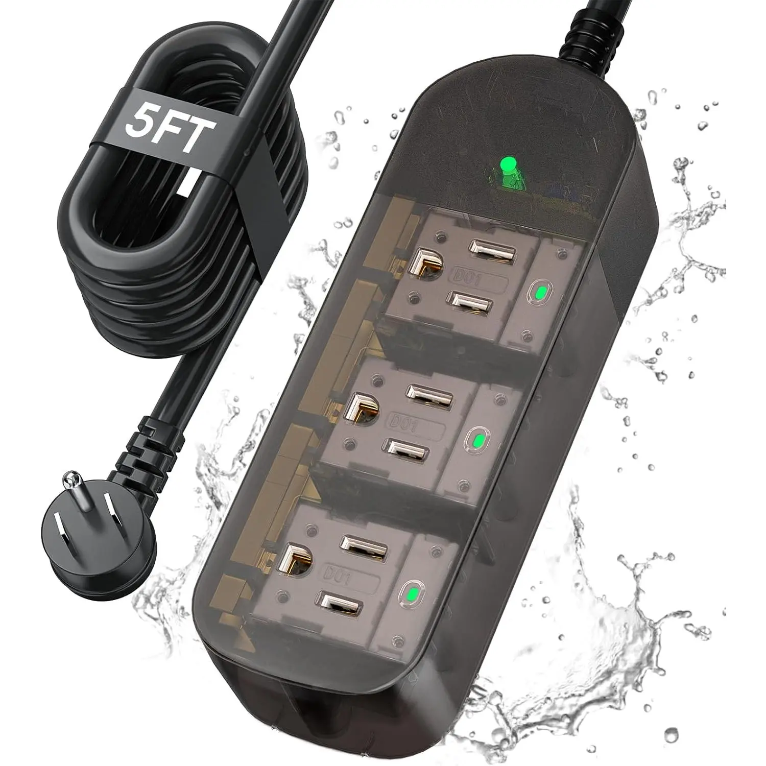 Outdoor Power Strip Weatherproof, 5FT Extension Cord with 3 Outlets | 1625W/13A, IPX6 , Surge Protection, Electric Shockproof, Wall Mountable for Indoor Outdoor, UL Listed