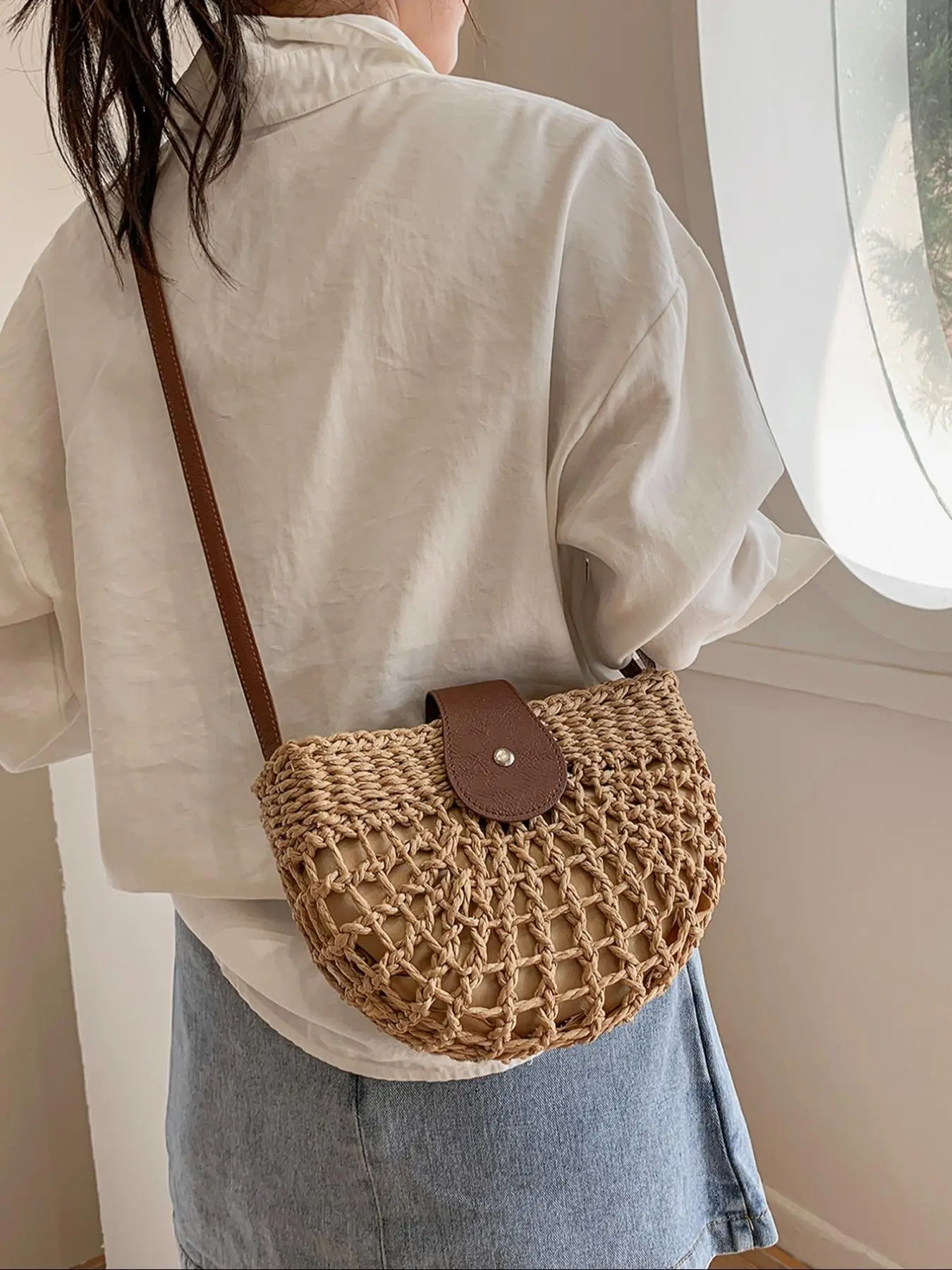 Women's Boho Semicircular Shape Hollow out Straw Bag, Trendy Elegant Crossbody Bag, Chic Summer 2026 Crossbody Bag for Beach Outfits, Casual Trendy Bag, Handcrafted Bag, Summer Bags, Casual Trendy Purses
