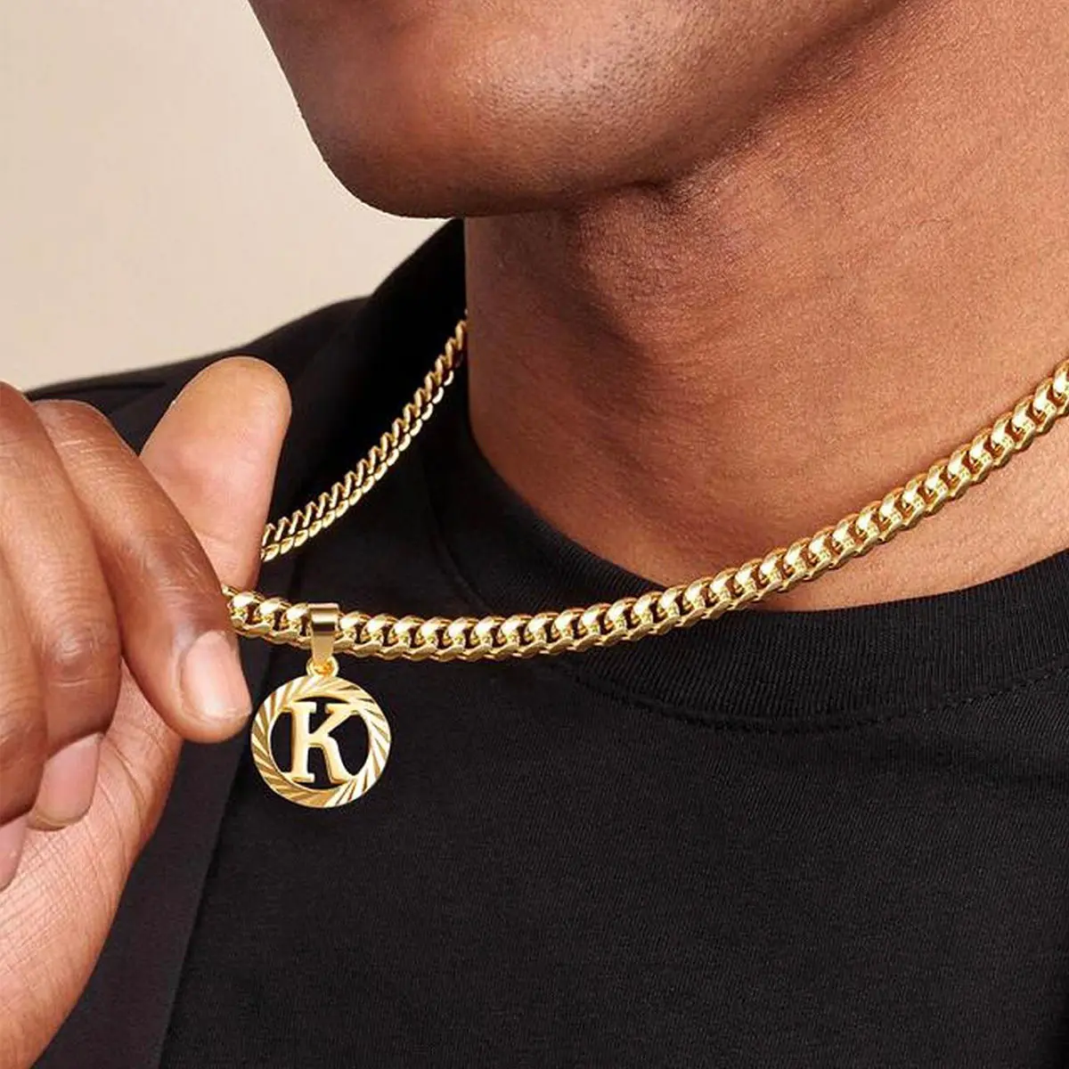 18K Gold Plated Initial Necklace For Women Men Personalized Round Hollow A-Z Letter Pendant Necklace Stainless Steel Cuban Chunky Chain Trendy Couple Necklace Daily Vacations, Party Wear, Jewelry, Holiday Gift