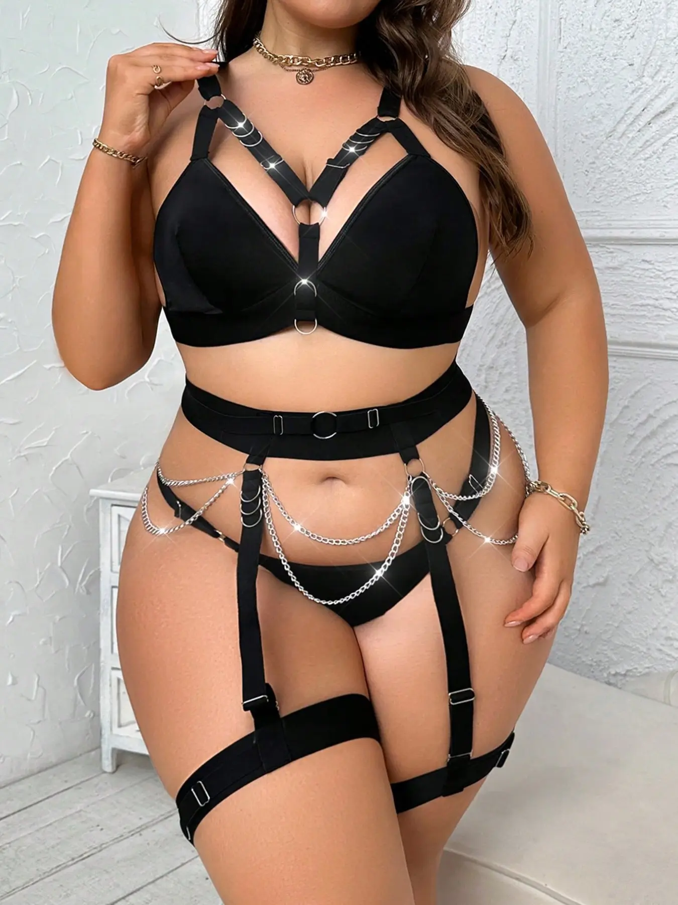 Edgy Harness Lingerie Set, Underwear, Chain & Metal Ring Details, Bold Fashion Statement, Perfect for Night Out, Unique Design