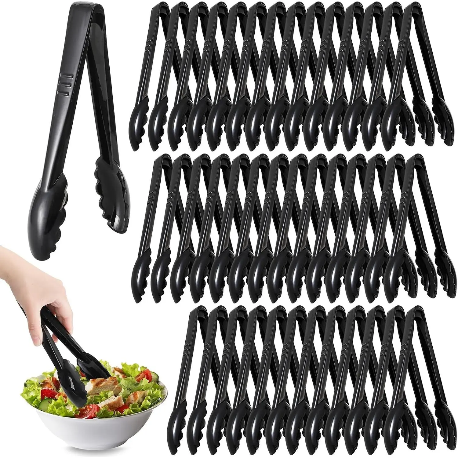 40 Pack 9" Plastic Serving Tongs, Heavy Duty Scalloped Disposable Buffet Utensils, Bulk Charcuterie Accessories for Party Events Catering Kitchen BBQ Ice Salad, Black