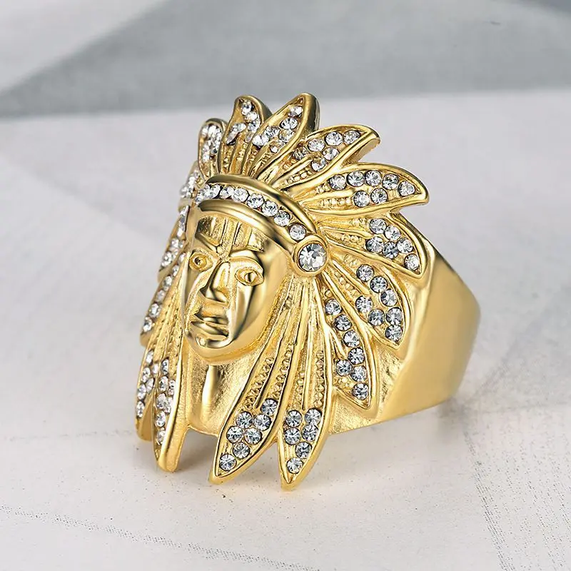 Men's Hip Hop Indian Chief Costume Ring, Gold-Plated Titanium Steel, Micro Pave Rhinestone Detailing, Fashion Jewelry Accessory for Men, Male, Metal Coating