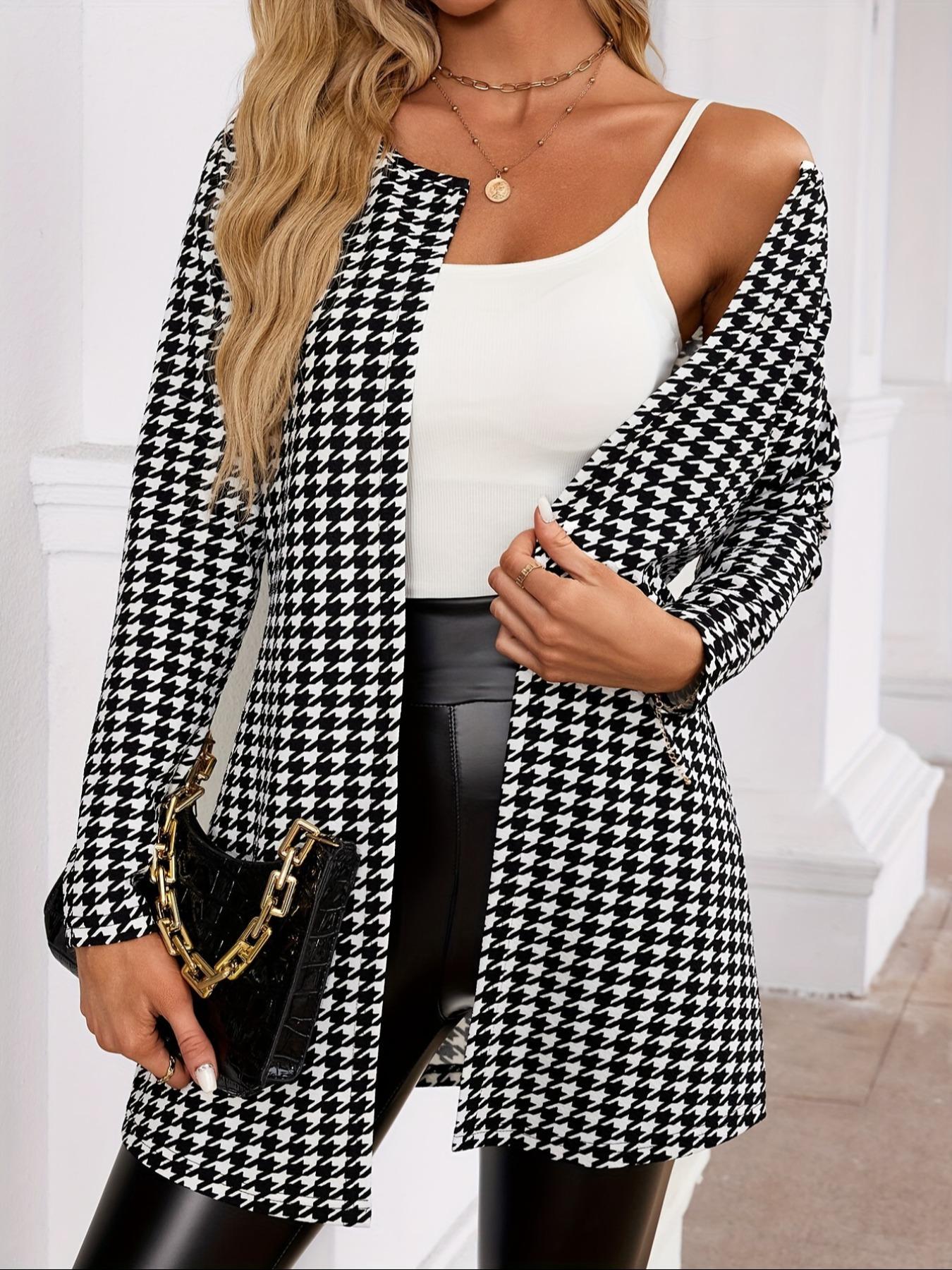 Women's Houndstooth Print Long Sleeve Open Front Jacket, Casual Elegant Outerwear for Spring & Fall, Ladies Clothes for Daily Wear, Womenswear