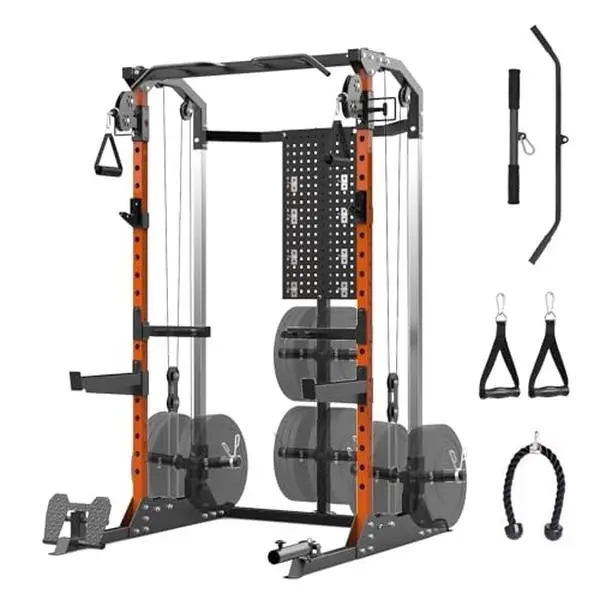 Garvee 2000 LB Power Cage and Squat Rack with Dual Pulley Cable Crossover, Multi-Function Home Gym Equipment for Full Body Strength Training with Attachments